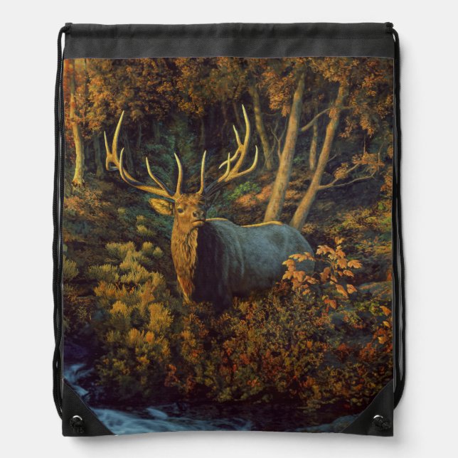 Bull Elk in Autumn Forest Drawstring Bag (Front)