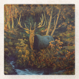 Bull Elk in Autumn Forest Glass Coaster