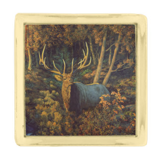 Bull Elk in Autumn Forest Gold Finish Lapel Pin