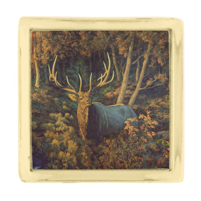 Bull Elk in Autumn Forest Gold Finish Lapel Pin (Front)