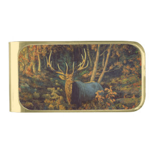Bull Elk in Autumn Forest Gold Finish Money Clip