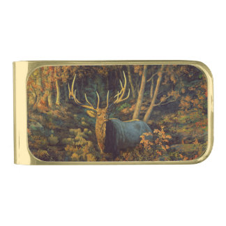 Bull Elk in Autumn Forest Gold Finish Money Clip
