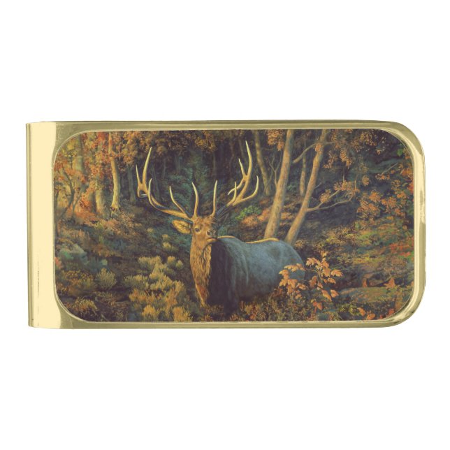 Bull Elk in Autumn Forest Gold Finish Money Clip (Front)