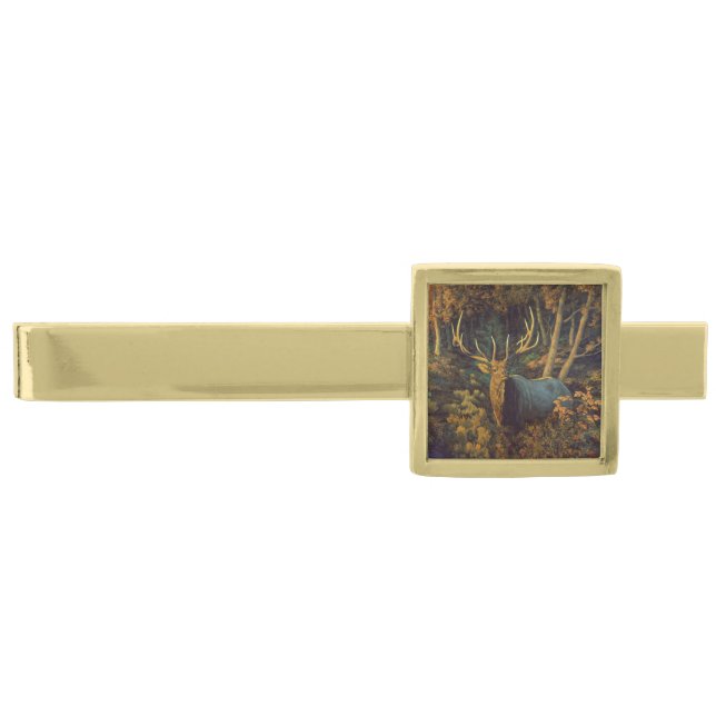 Bull Elk in Autumn Forest Gold Finish Tie Bar (Front)