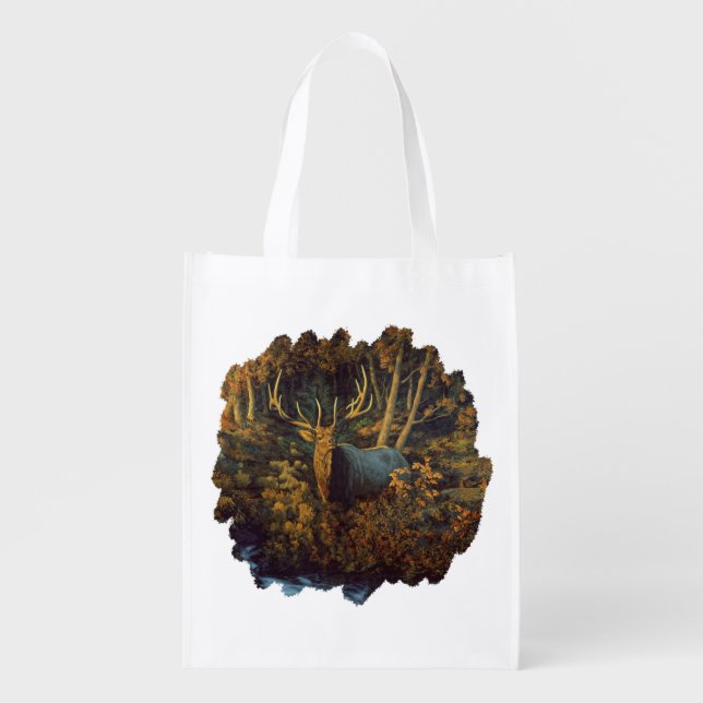Bull Elk in Autumn Forest Grocery Bag (Front)