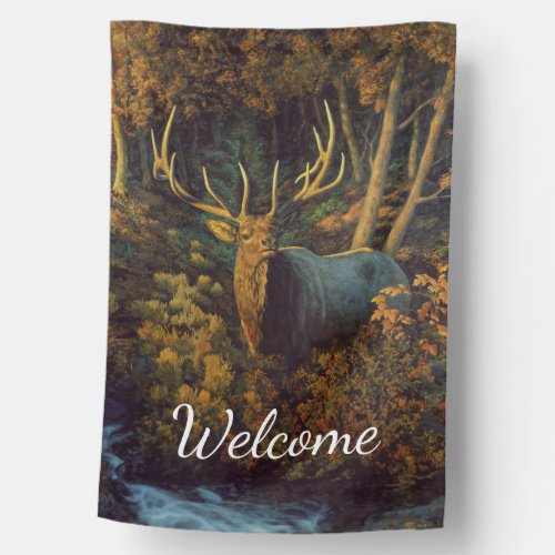 Bull Elk in Autumn Forest House Flag