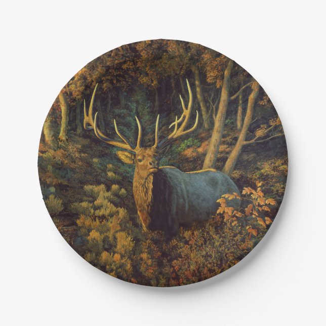 Bull Elk in Autumn Forest Paper Plates (Front)