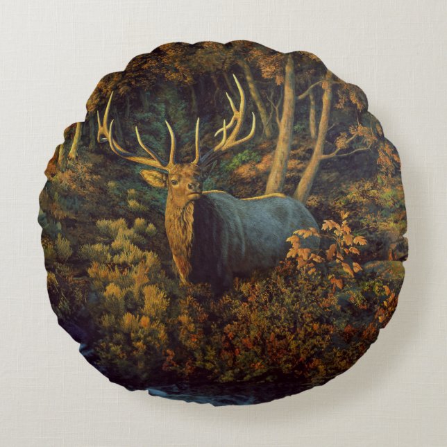 Bull Elk in Autumn Forest Round Pillow (Front)