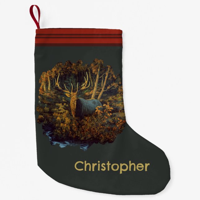 Bull Elk in Autumn Forest Small Christmas Stocking (Front)