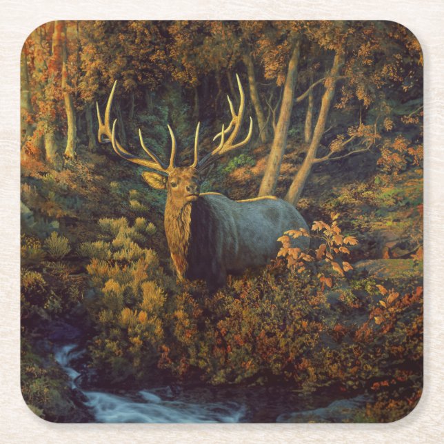 Bull Elk in Autumn Forest Square Paper Coaster (Front)