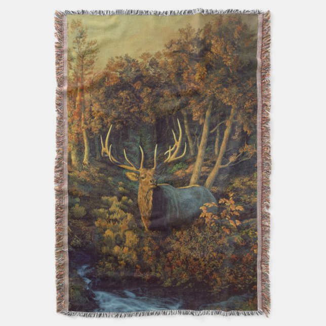 Bull Elk in Autumn Forest Throw Blanket (Front Vertical)