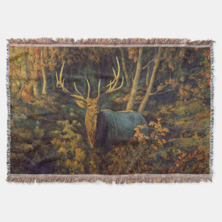 Bull Elk in Autumn Forest Throw Blanket