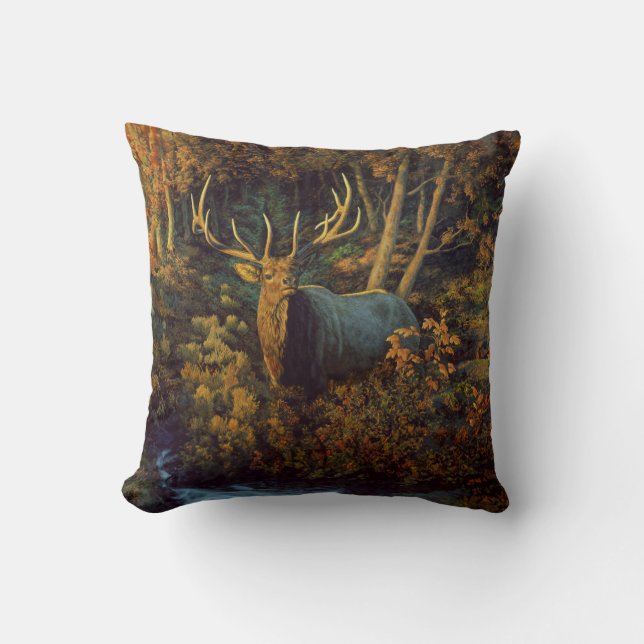 Bull Elk in Autumn Forest Throw Pillow (Front)