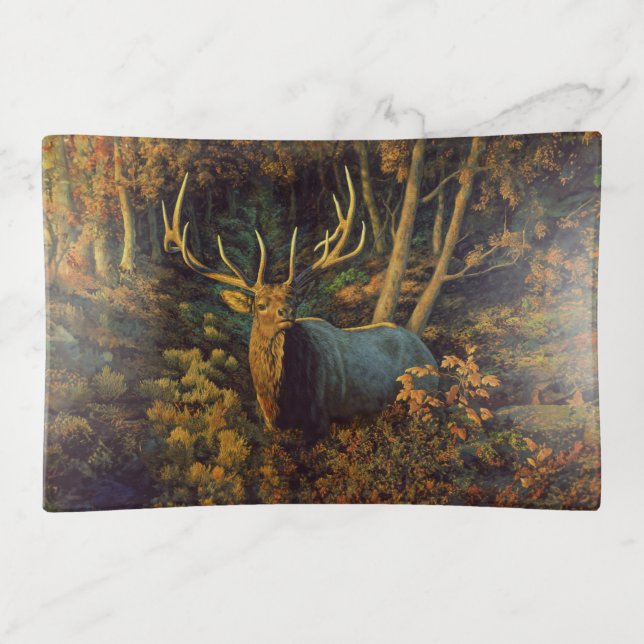 Bull Elk in Autumn Forest Trinket Tray (Front)
