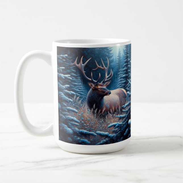 Bull Elk in Meadow with Pine Trees Coffee Mug (Left)
