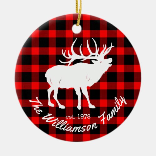 Bull Elk Large Game Plaid Ceramic Ornament