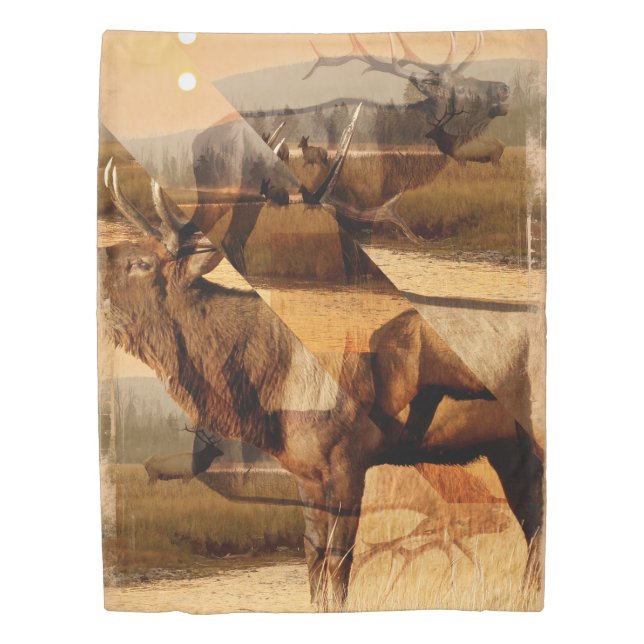 Bull Elk Sunrise Collage Duvet Cover (Front)
