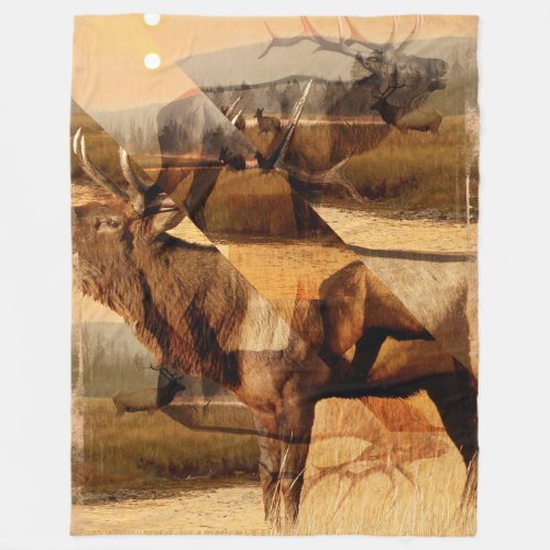 Bull Elk Sunrise Collage Fleece Blanket