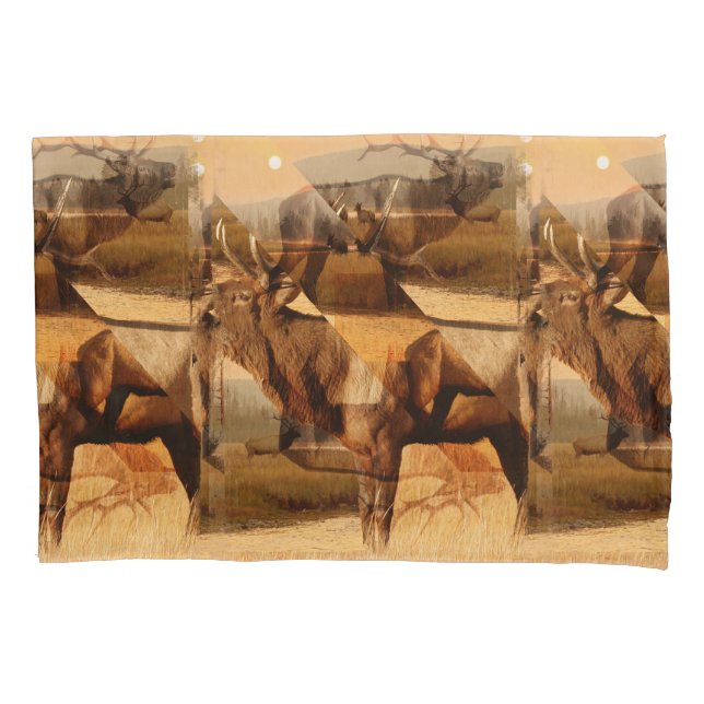 Bull Elk Sunrise Collage Pillow Case (Front)
