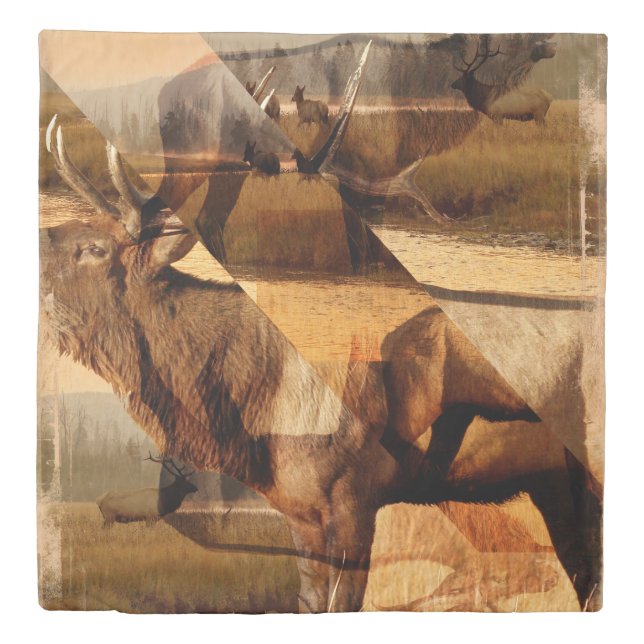 Bull Elk Sunrise Collage Queen Size Duvet Cover (Front)