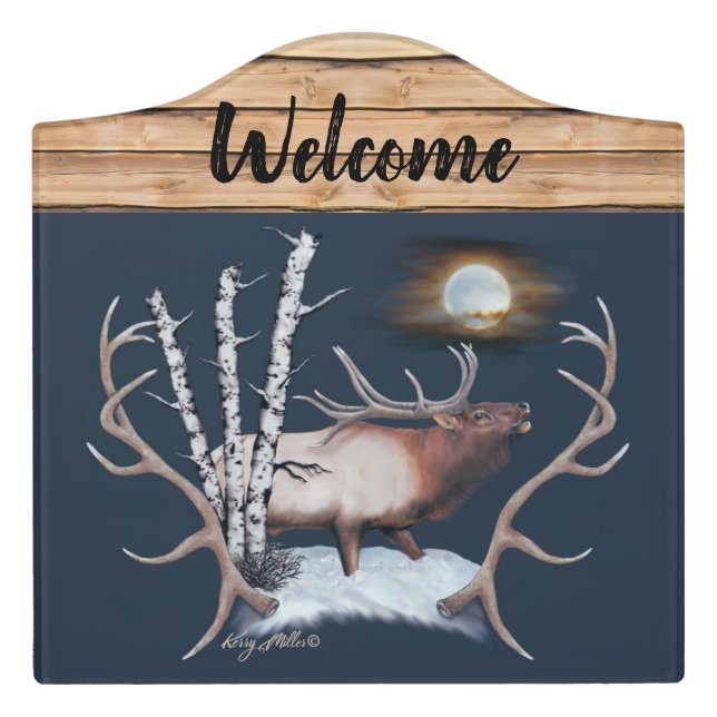Bull Elk Welcome Door Sign (Large Crest Front)