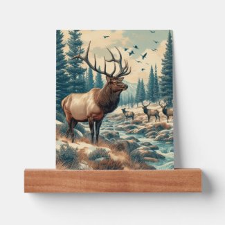 Bull Elk with Cows AI Watercolor Picture Ledge