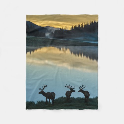 Bull Elks Silhouetted Poudre Lake Sunrise Fleece Blanket