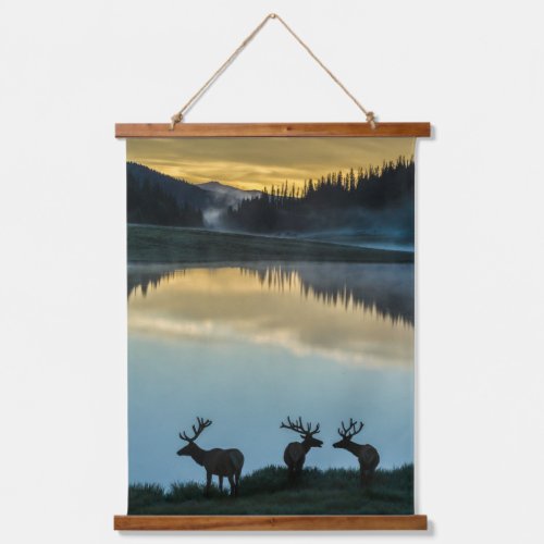 Bull Elks Silhouetted Poudre Lake Sunrise Hanging Tapestry