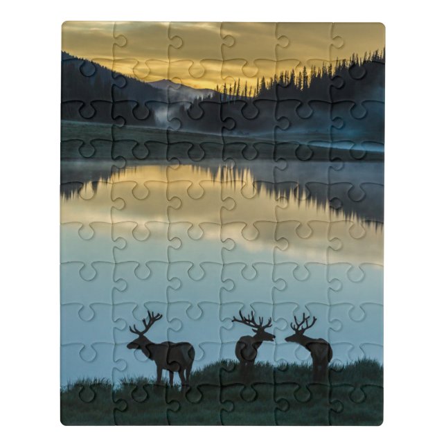 Bull Elks Silhouetted Poudre Lake Sunrise Jigsaw Puzzle (Puzzle Vertical)