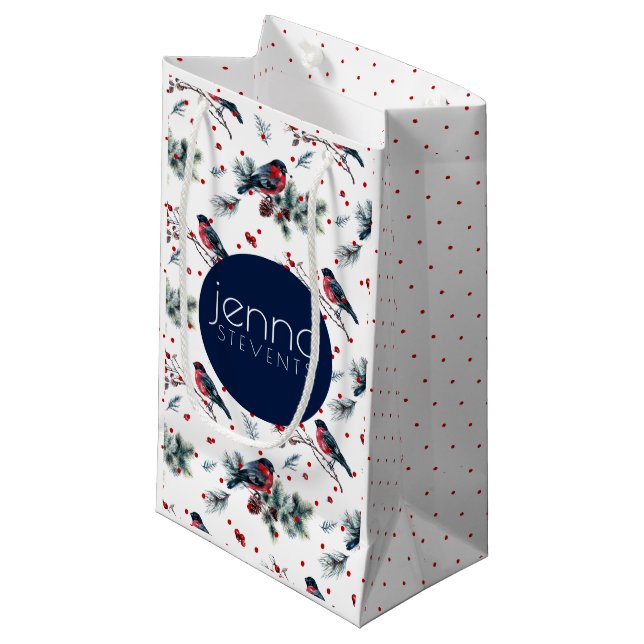 Bull-finch & Christmas Berries Pattern Small Gift Bag (Front Angled)