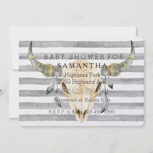 Bull Head Grey Stripes baby shower Invitation (Front)