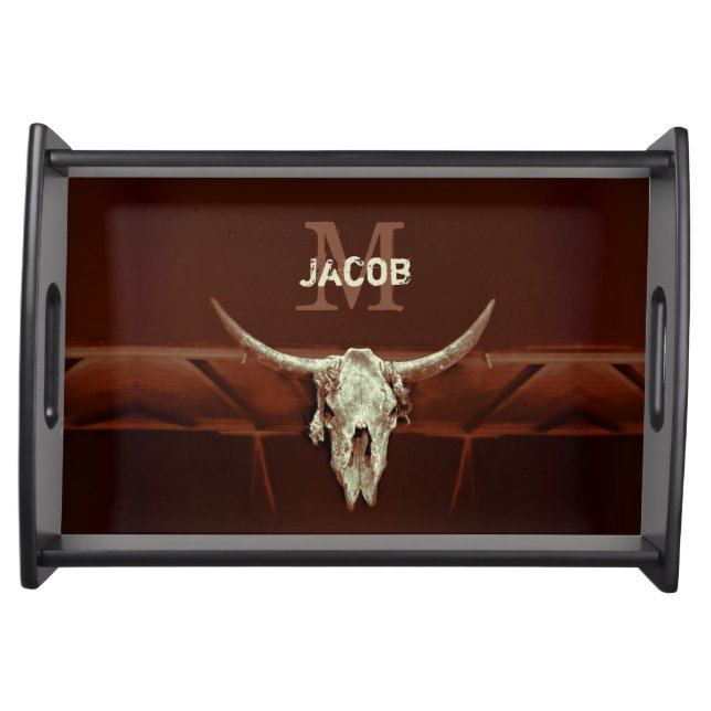 Bull Head Skull Rustic Western Country Monogram Serving Tray (Front)