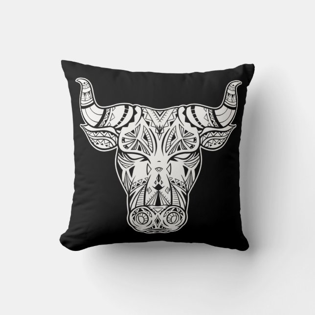Bull head with boho decoration  throw pillow (Front)