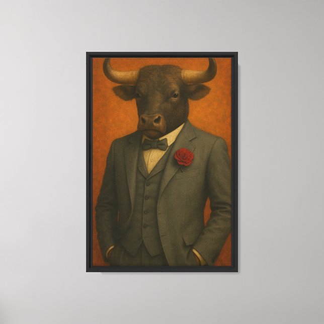 Bull in Tuxedo with Rose Framed Canvas Wall Art (Front)