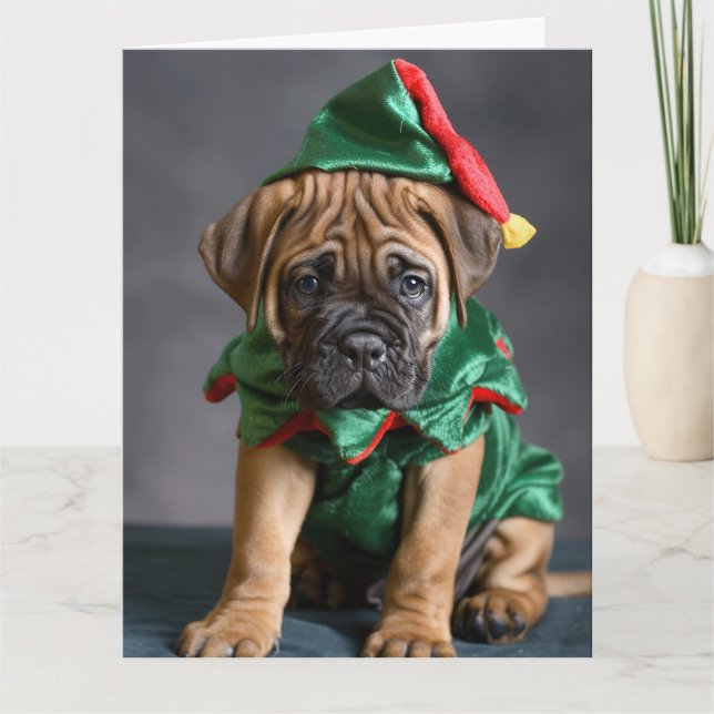 Bull Mastiff Elf Puppy Christmas Card  (Front)