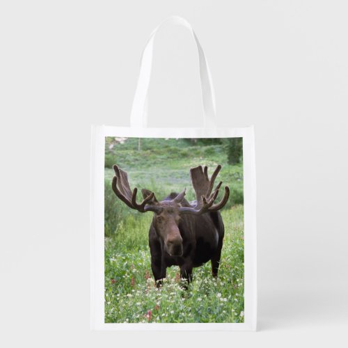 Bull moose Alces alces in wildflowers Grocery Bag