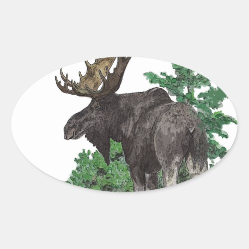 Bull moose art oval sticker