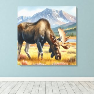 Bull Moose Grazing in Alaska Watercolor