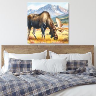 Bull Moose Grazing in Alaska Watercolor