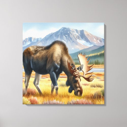 Bull Moose Grazing in Alaska Watercolor Canvas Print