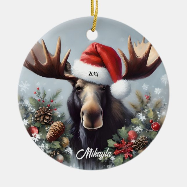 Bull Moose in a Santa Hat Christmas Ceramic Ornament (Front)