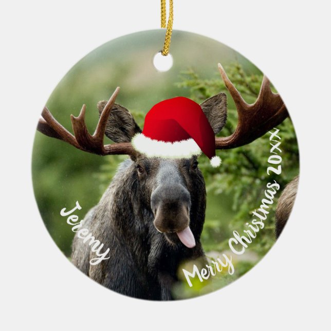 Bull Moose in Santa Hat  Ceramic Ornament (Front)
