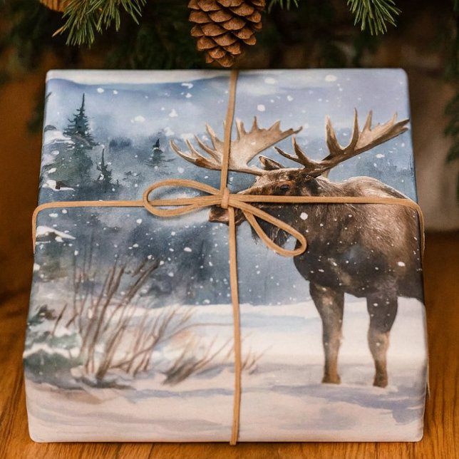 Bull Moose in Winter Snow Nature  Wrapping Paper Sheets (Rustic wildlife-themed moose in the snow wrapping paper, ideal for men.)