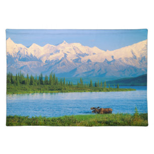 Bull moose in Wonder Lake Cloth Placemat