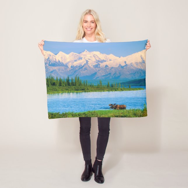 Bull moose in Wonder Lake Fleece Blanket (In Situ)