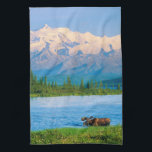 Bull moose in Wonder Lake Kitchen Towel<br><div class="desc">Wonder Lake,  Bull moose feeds on vegetation,  Alaska mountains in the distance,  Denali National Park,  Alaska</div>