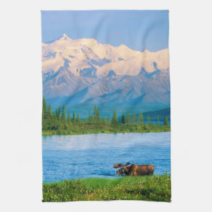 Bull moose in Wonder Lake Kitchen Towel