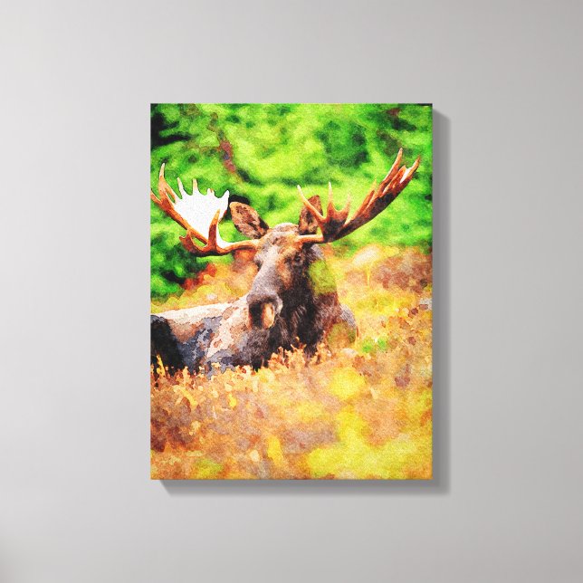 Bull Moose Laying Down Watercolor Paint Wildlife Canvas Print (Front)