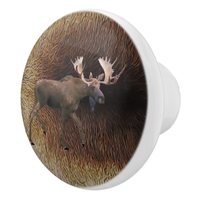 Bull Moose On Caribou Fur Ceramic Knob (Right)