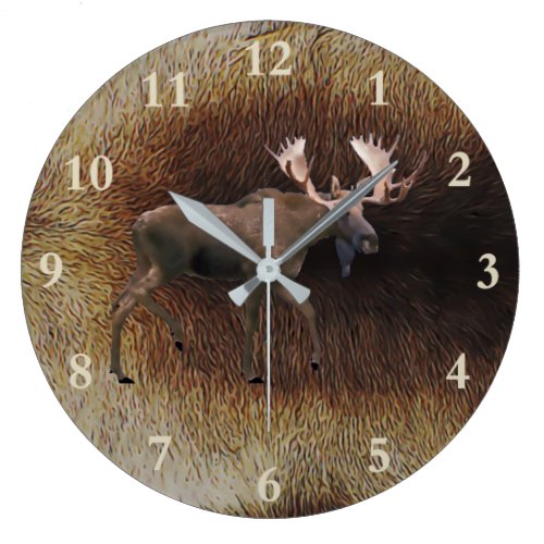 Bull Moose On Caribou Fur Large Clock